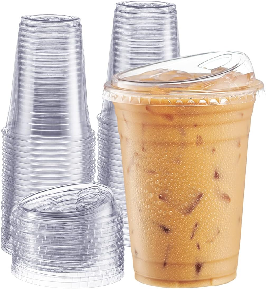 16 Oz 100-Pack Clear Disposable Plastic Cups with Strawless Lids