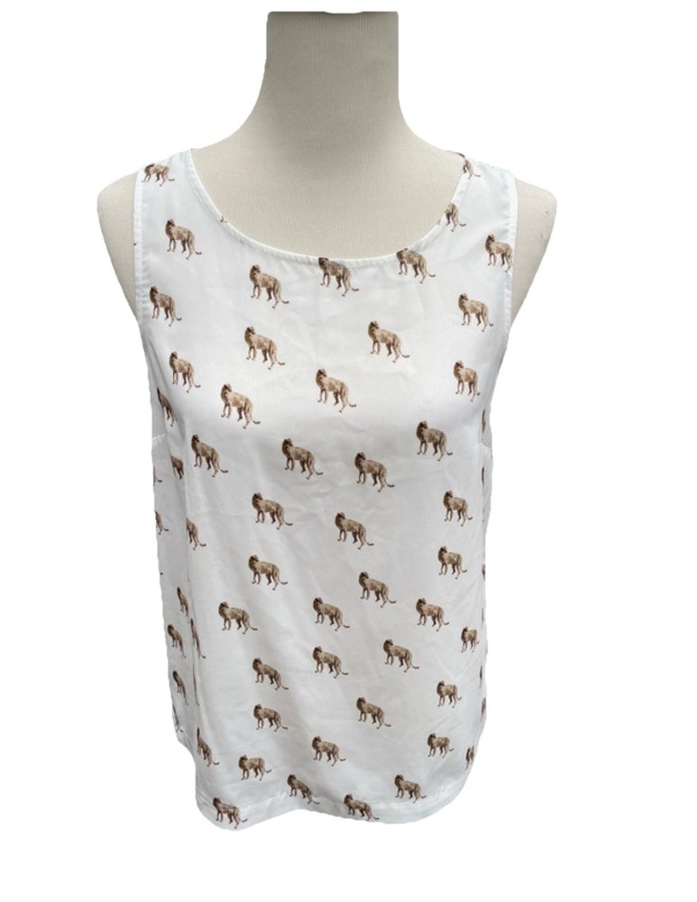 Forever 21 Sleeveless Top Blouse Size M White w Brown Wild Cat Design Polyester