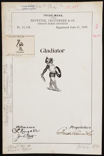 Photo:1898 Gladiator Trademark Registration Brewster Crittenden Groceries