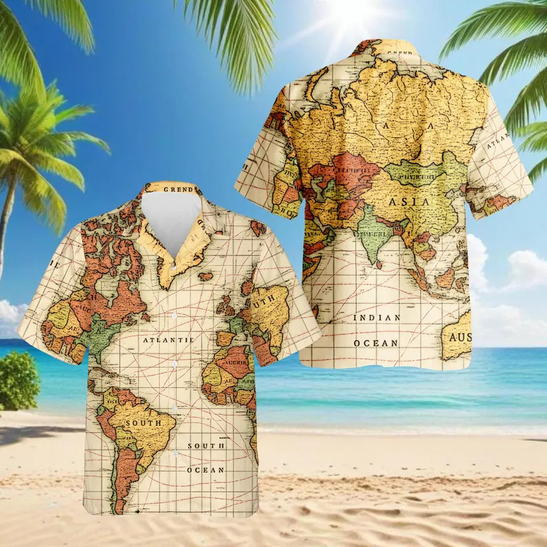 Vintage World Map Hawaii Shirt Antique Travel Aloha Beach Vacation Men