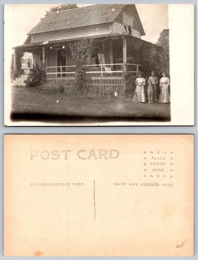 RPPC Real Photo Postcard Old House Family Portrait Vintage AZO Early 1900s