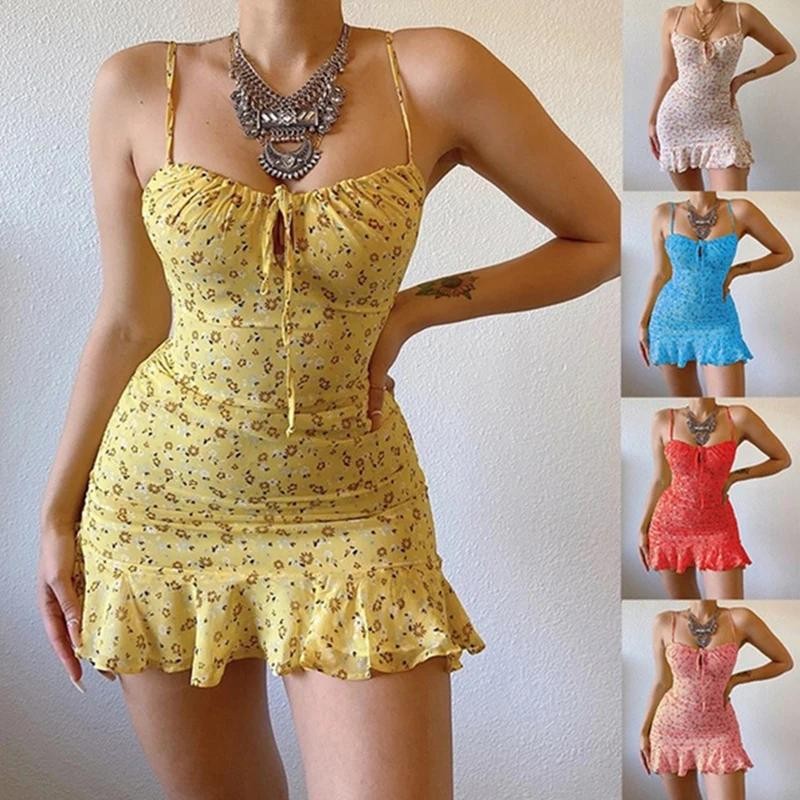 Floral Print Spaghetti Strap Dresses Women Sexy Low Cut Hollow Out Leace-up
