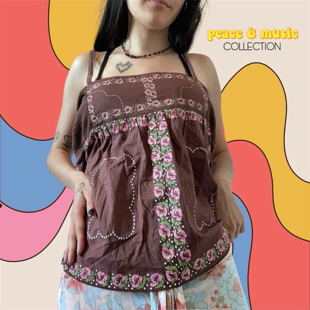 Vintage Y2k BoHo Free People Floral Tie Tank Top in Brown