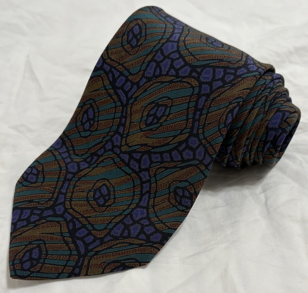 Vintage Giorgio Armani Tie Art Deco Brown/Teal/Purple Silk Necktie Made in Italy