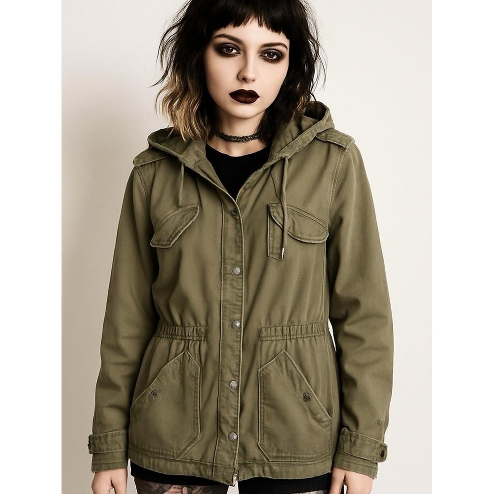 Max Jeans Olive Green Hooded Utility Field Jacket Womens Medium Military Style