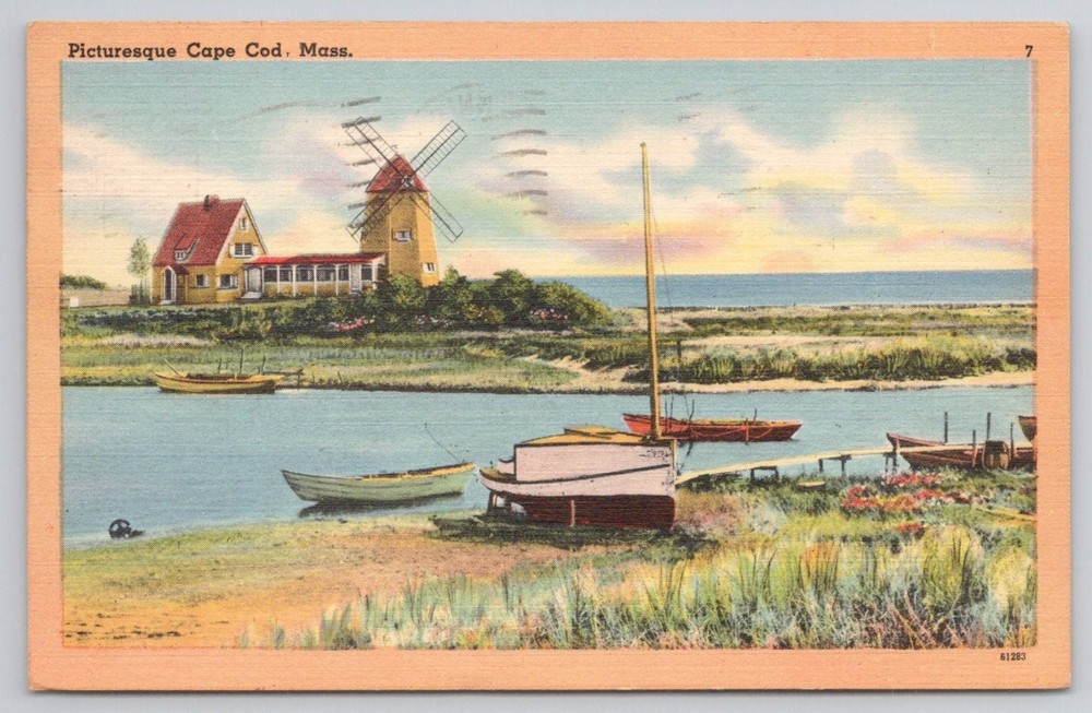 Chatham Cape Cod MA Windmill Boats Ocean Linen Postcard 1953 Posted
