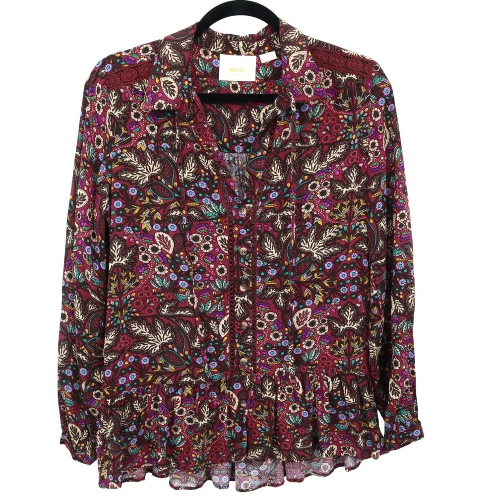 Maeve Janie Womens Boho Peasant Top Burgundy Flounce Romantic Whimsical Artsy Blouse