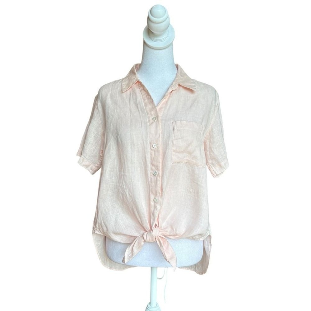 Theory Hekanina Tie Front Shirt Linen Button Down Top Pale Pink Womens Small