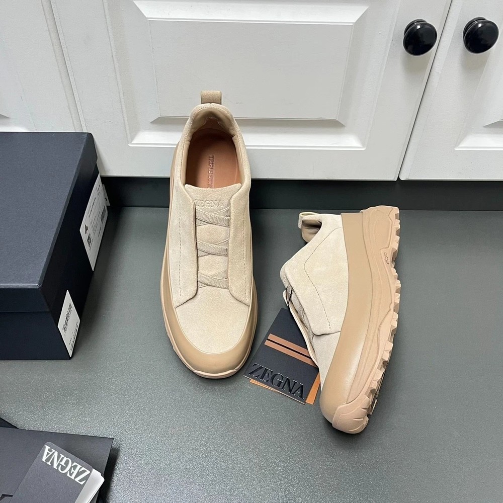 Zegna Triple Stitch Vetta Beige Suede and Sneakers Designer Shoes Size 42