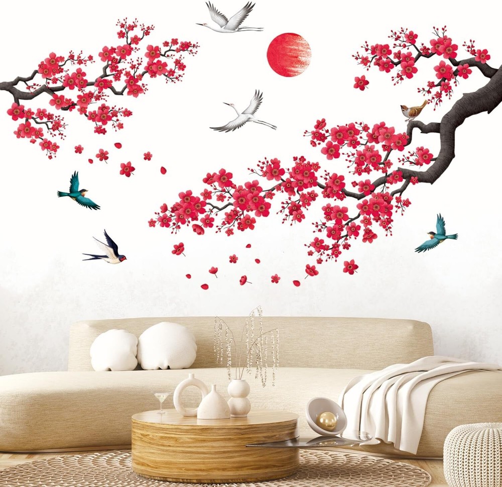 DECOWALL SG2-2406 Ink-and-wash Painting of Flowers Wall Stickers Decals Red