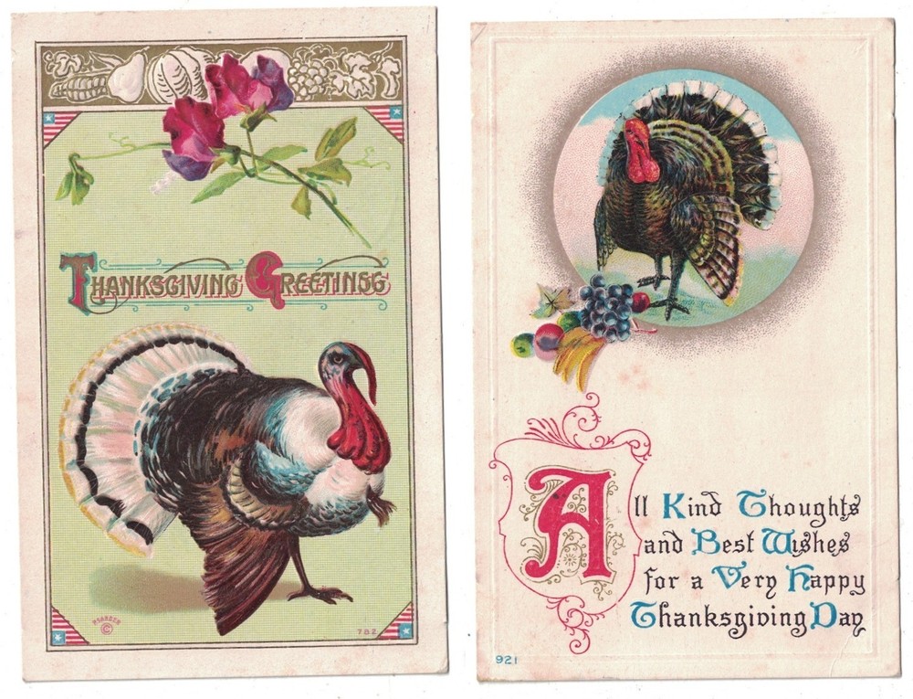 2 Antique 1912 Thanksgiving Greetings Big Tom Turkey Embossed Holiday Postcard