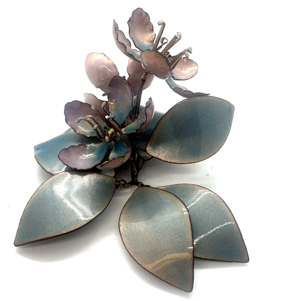 Vintage Enamel on Copper Sculpture Pink Teal Flower Bouquet
