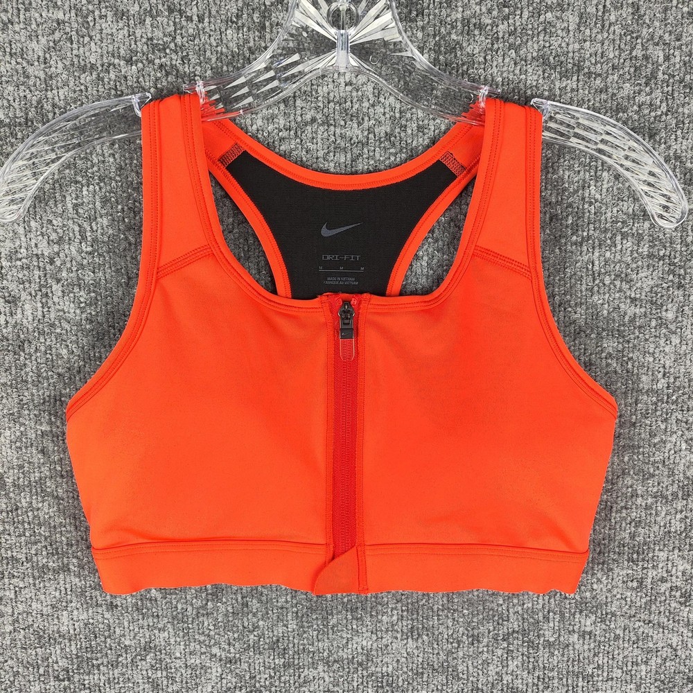 Nike Sports Bra Womens Medium Orange Zip Front Dri-FIT Padded Racerback Mesh