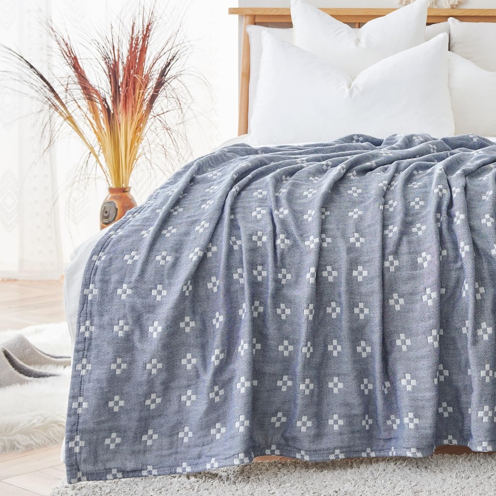 Boho 100% Cotton Muslin Twin Size Lightweight Quilted Throw Blanket