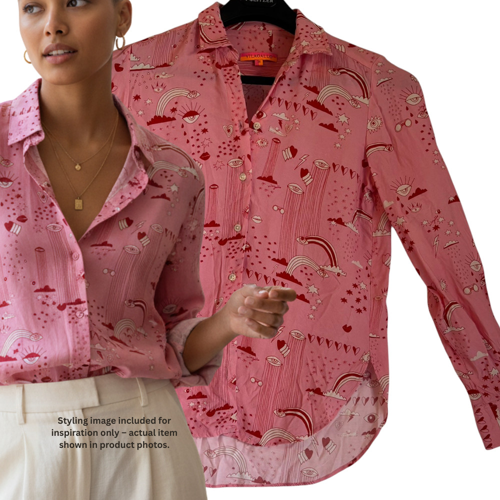 VILAGALLO Multi Printed Long Sleeve Button Down Pink & Red Shirt Top Size 38