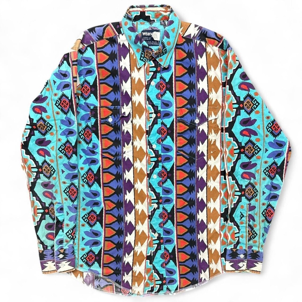 Vintage Wrangler Shirt Mens 15.5 x 34 Aztec Striped Western Checotah 90s USA
