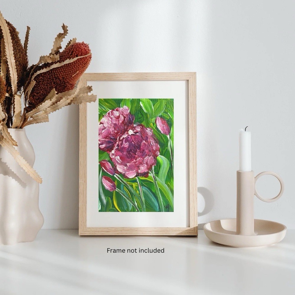 Pink Peony Flowers Impressionist Abstract Floral Acrylic Small 5x7 Canvas Panel