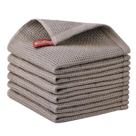 Kitchen Dish Towels Set of 6,100% Cotton Waffle Weave 12 x 12 - 6 Pack Brown