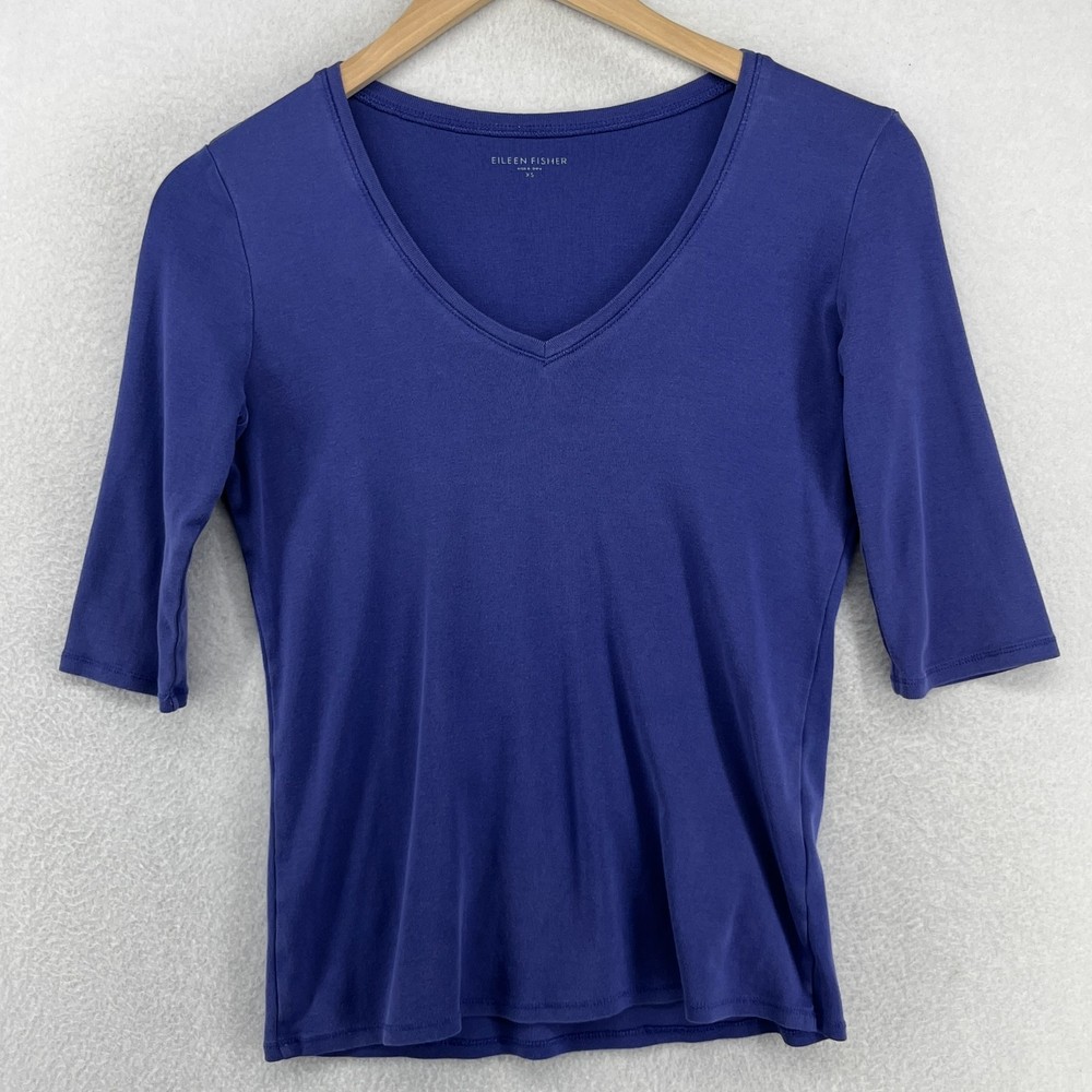 EILEEN FISHER Top XS Organic Cotton Ribbed Jersey V-Neck 3/4 Sleeve Blue