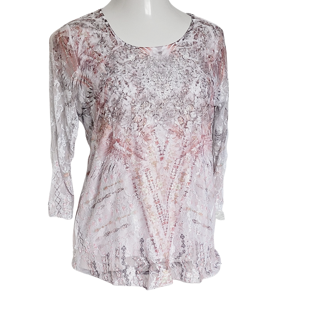 Abstract 3/4 Sleeve Lace Mesh Top with Silver Sparkles Size L-image