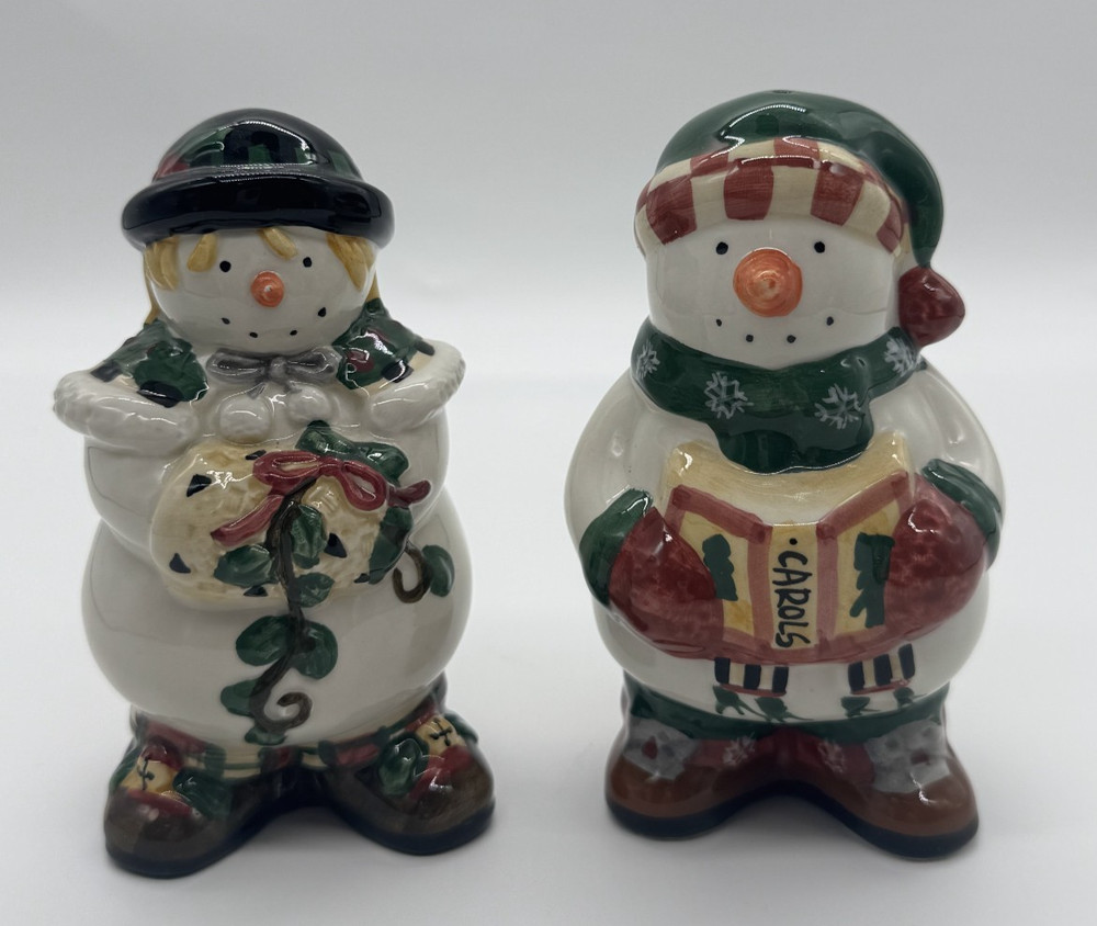 Sakura Debbie Hand-Painted Surface Snowmen Salt and Pepper Shakers
