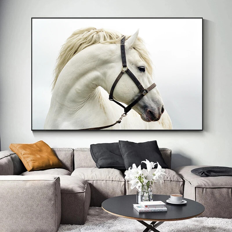 Modern Animal Canvas Wall Art Poster White Horse Canvas Painting Prints Pictures