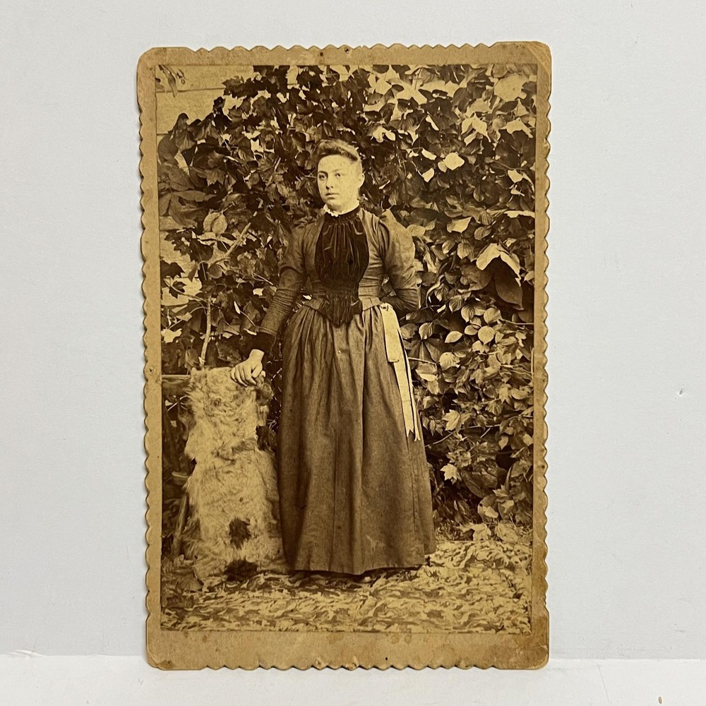 Vintage Cabinet Card Woman Dress Outdoor Portrait Scalloped Edge 4x6 Sepia Photo