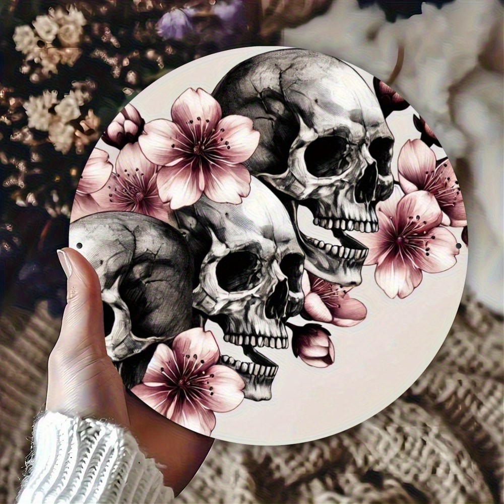 Vintage Gothic Wall Art Black Pink Skulls with Floral accents