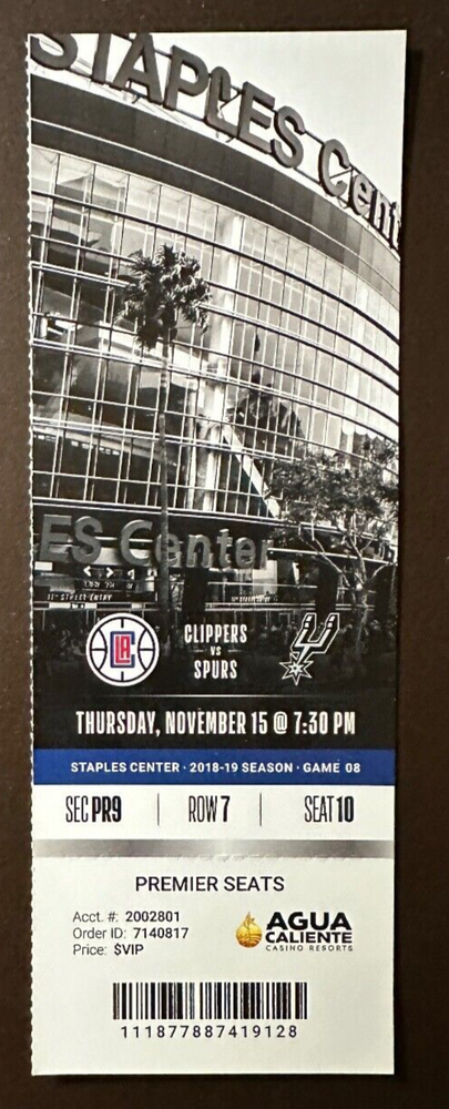 Los Angeles Clippers 11/15/2018 NBA ticket stub vs San Antonio Spurs