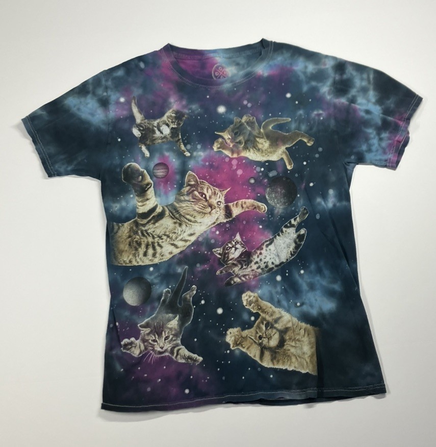 Weird Wonderful Cats in Space Galaxy Tie-Dye T-Shirt Blue Purple Size S