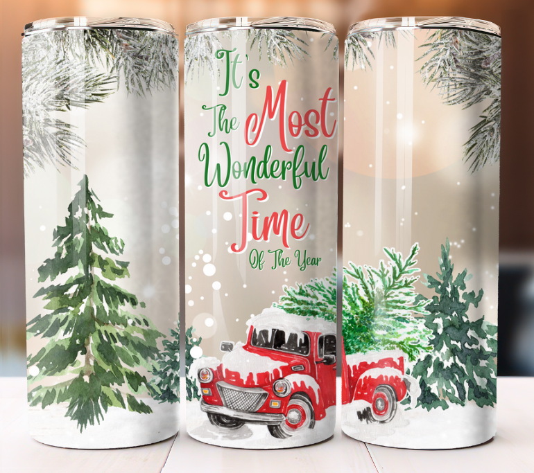 Christmas Red Truck Tumbler 20oz Skinny Cup Mug Stainless Steel