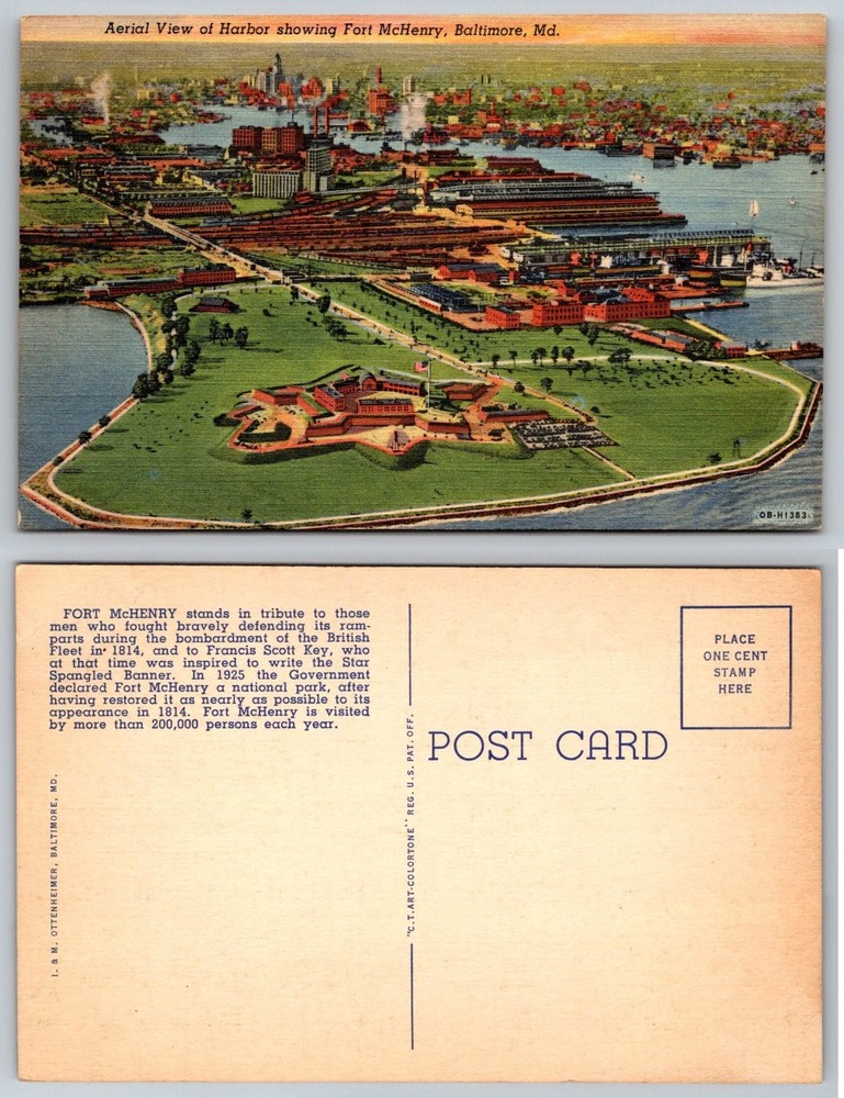Fort McHenry Baltimore MD Aerial Harbor View Vintage Postcard C.T. Art-Colortone