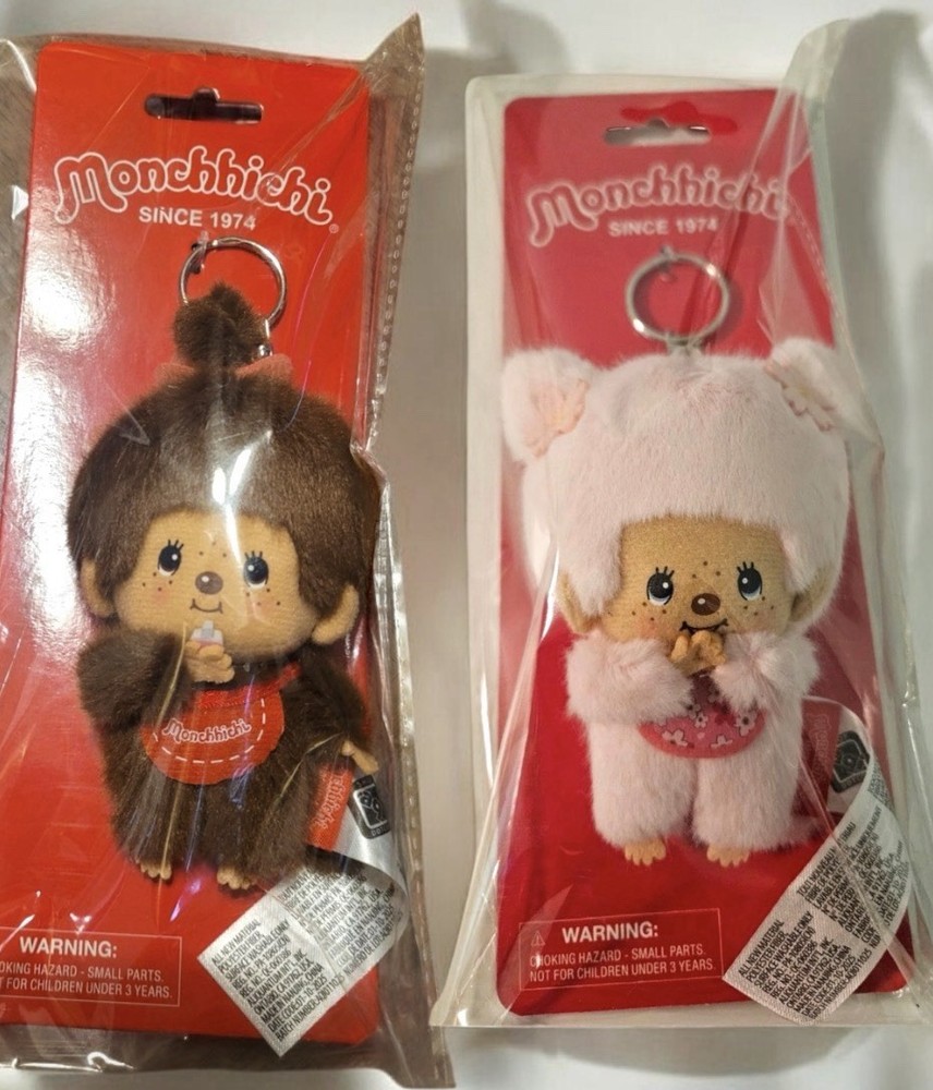 Sekiguchi Monchhichi Classic Girl W/ Red Bib & Pink Cherry Blossom Keychain Set