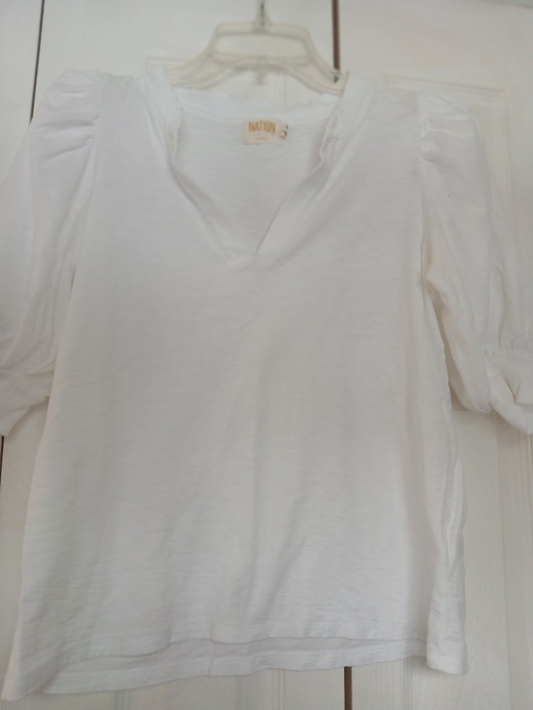 Nation LTD White Puff Sleeve Split Neck Tee Cotton Slub Casual Top Womens Sz S