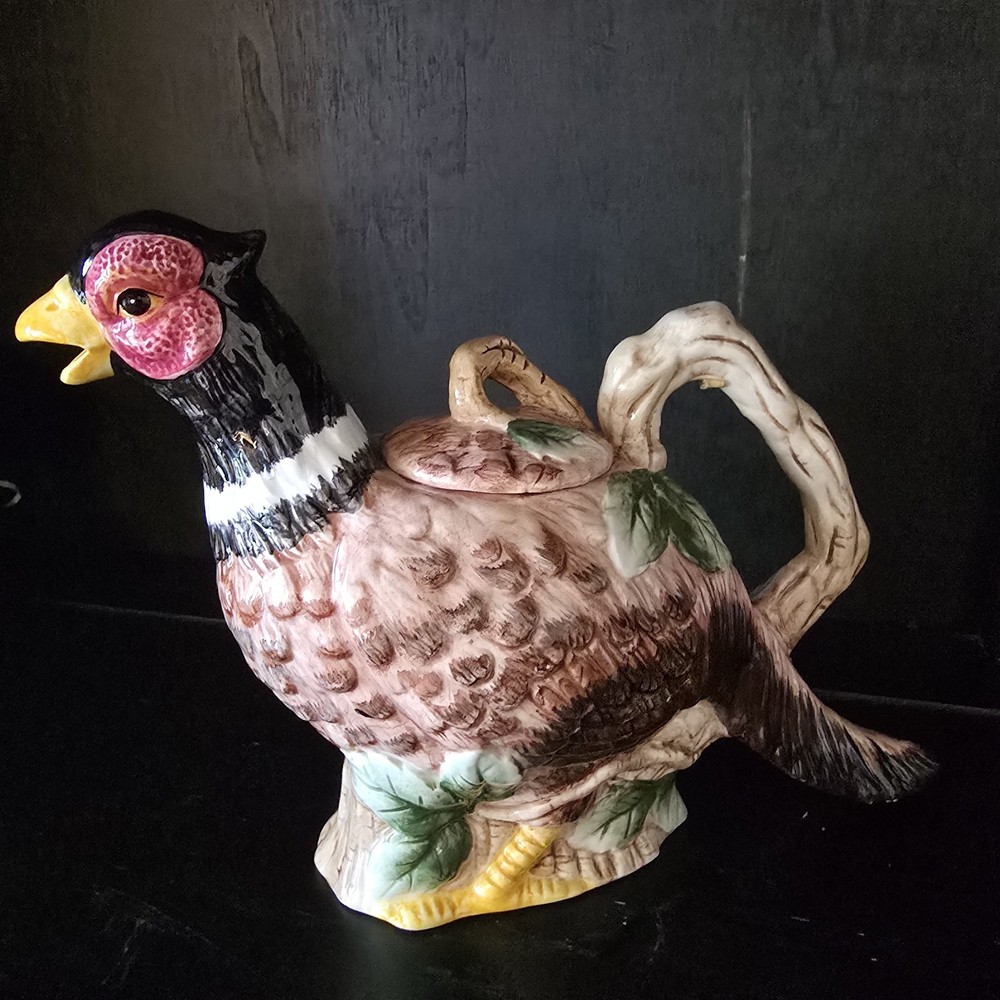 Ceramic Pottery Tea Pot Pheasant -Multicolor With Lid Vintage