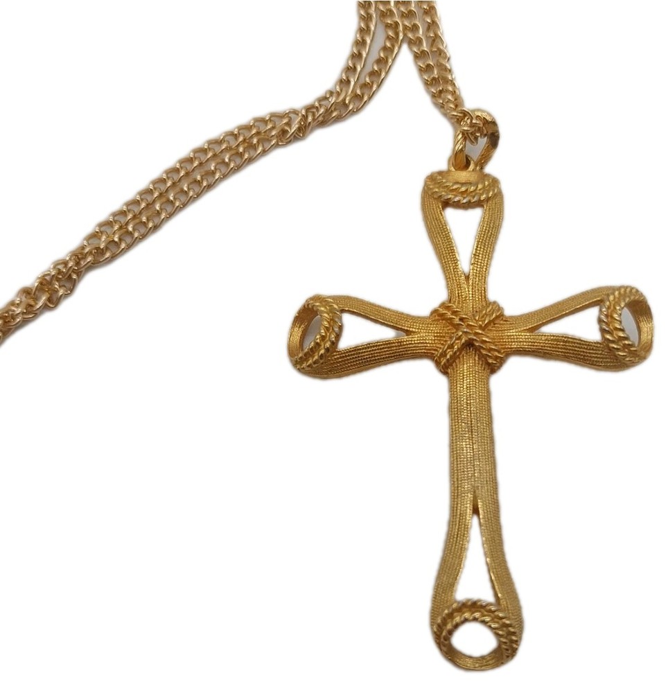 Cross Necklace Gold Tone Vintage Pendant 2.5