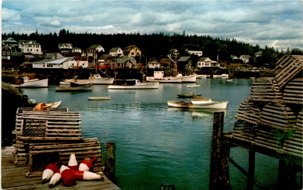 Maine, New Harbor, lobster buoys, lobster traps, fishing boats, coast, Postcard