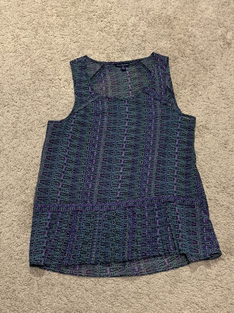 American Eagle Womens Shirt Size Medium Multicolor Sleeveless Sheer Ruffle Top