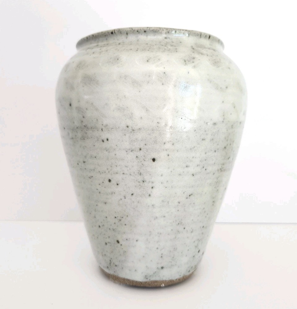 Ceramic Studio Pottery Vase Artist Signed Cream Gray Large 9 Inch