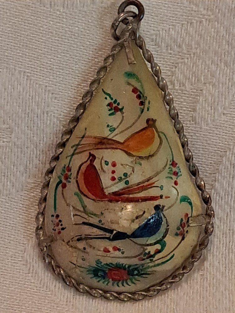 Vintage Hand Painted Mother of Pearl Pendant Double Sided Teardrop