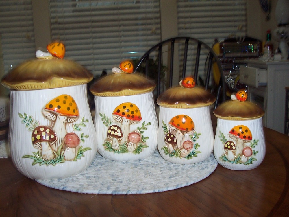 Vintage 1970’s Sears Merry Mushroom 4 Piece 2 Sided Canister Set Plus Lids