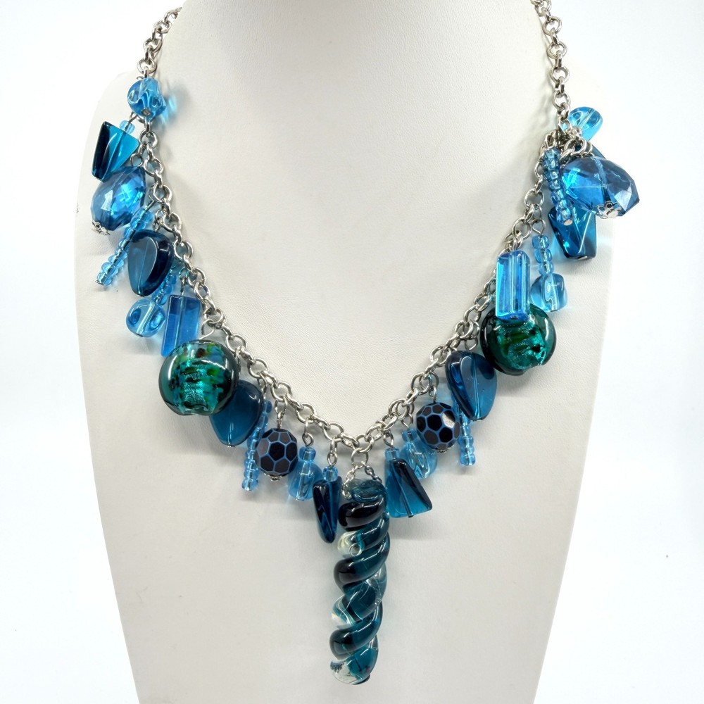 Vintage Blue Murano Glass Chunky Statement Charm Necklace Silver Tone Lobster