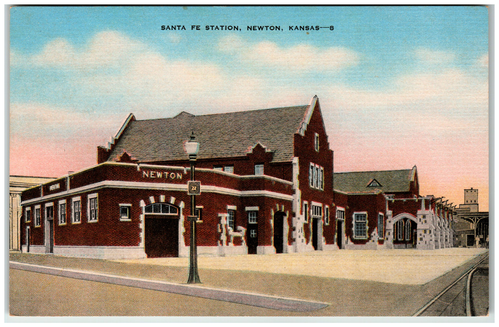 Postcard Santa Fe Railroad Train Station Newton, KS