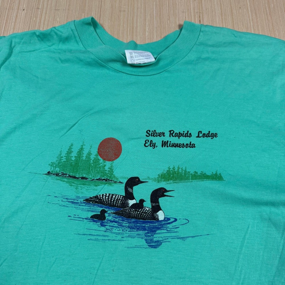 Vintage 80s Ely Minnesota Loon T Shirt Ducks Mallards XL Silver Rapids Hanes