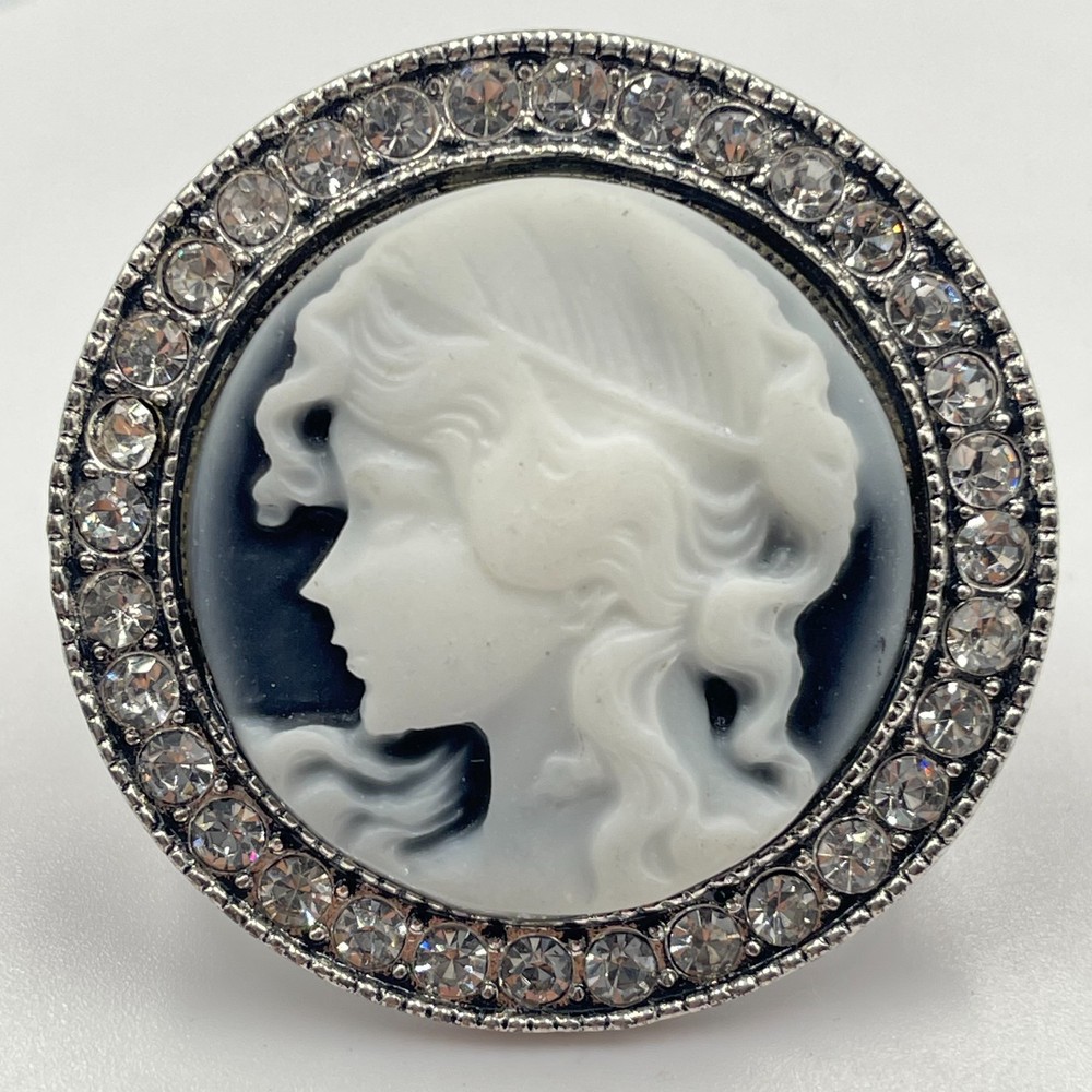 Vintage Cameo Brooch Pin Silver Tone Rhinestone Halo Black White Victorian Style