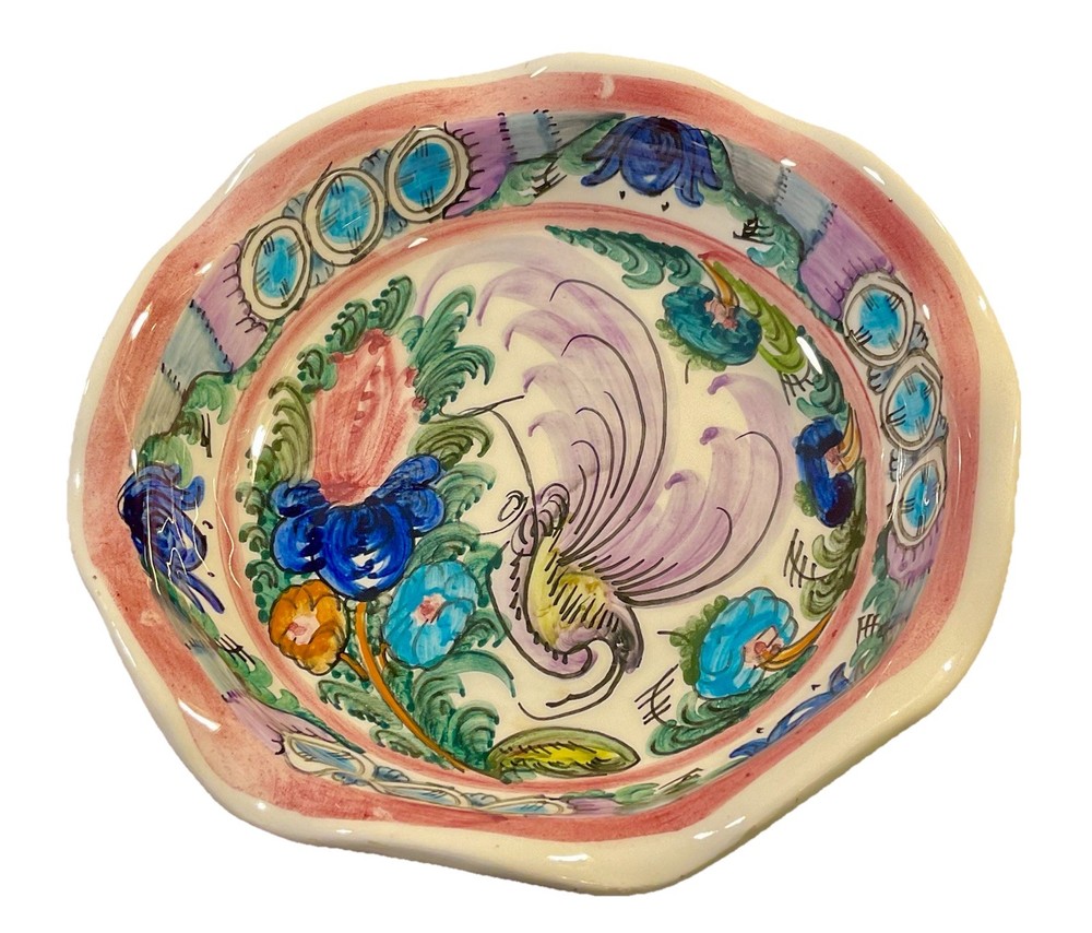 Vintage Skyros Handpainted Ceramic 7” Round, Ruffled Edged Bowl, Greek Folk Art