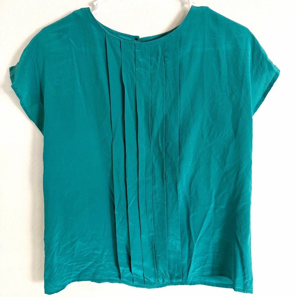 Vintage 100% Silk Pleated Blouse Womens M Teal Minimalist Office Top Cap Sleeves