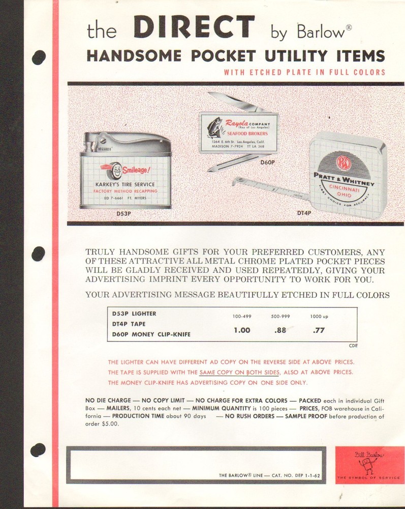 1962 VINTAGE AD SHEET #1132 - BARLOW POCKET UTILITY KNIFE MEASURING TAPES