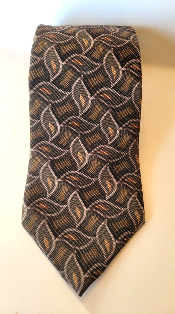 Zylos George Machado Men’s Silk Necktie Black Gold Tan Geometric Pattern 4” Wide