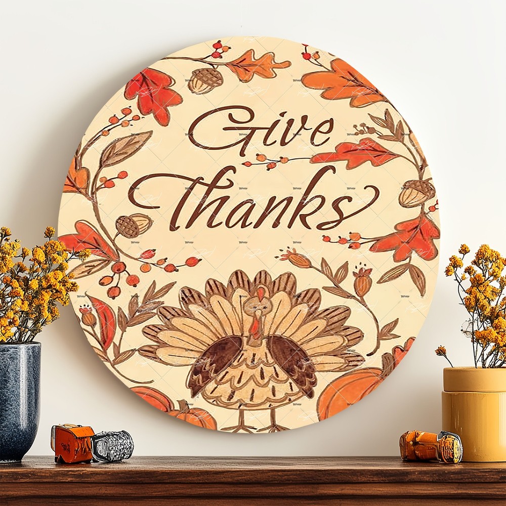 Thanksgiving Turkey Autumn Leaves Round Metal Wall Decor